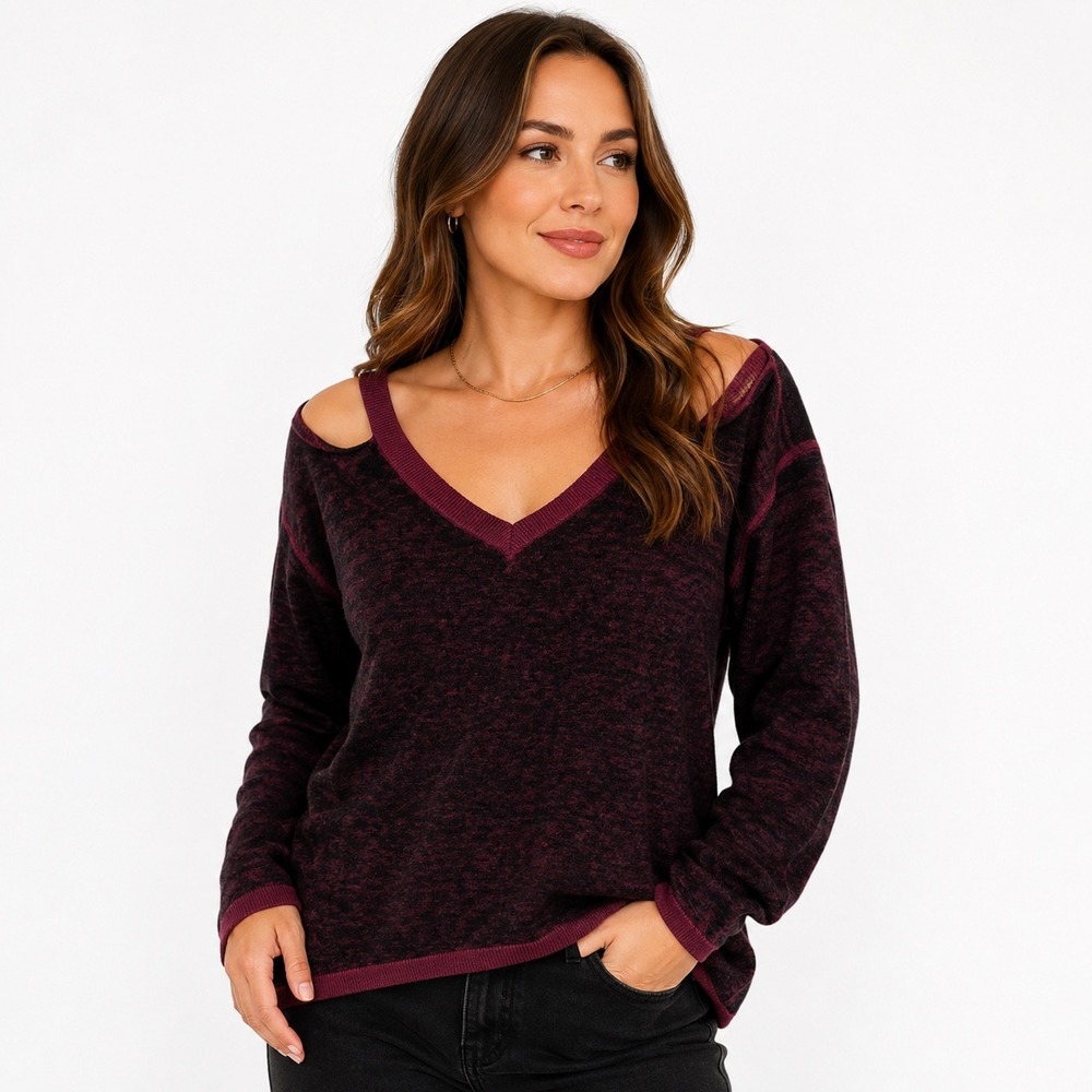 Rock & Republic Womens L Sweater Burgundy Open Shoulder Cotton Whimsigoth Vamp